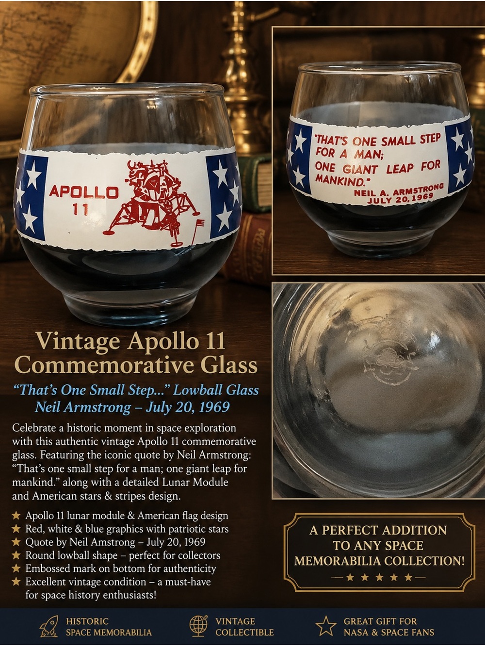 Apollo 11 Commemorative Lowball Glass - Red, White & Blue